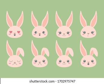 Cute Easter Bunny emoji icons set. Clip art emoticons pink color. Vector illustration for web print cards invitations apps blogs mobile