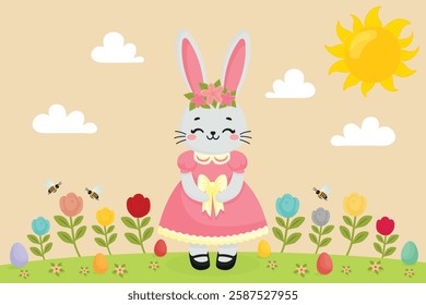 Cute Easter Bunny Enjoying an Easter Egg Hunt on a Sunny Spring Day Flat Vector Illustration