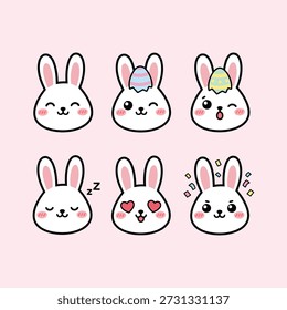 Conjunto de Vector Kawaii de estilo Emoji de expresiones faciales de conejo de Pascua lindo