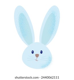 Cute Easter bunny face . Flat style design.  Noise texture . Concept for holiday card, banner, poster, decoration element . Rabbit in blue color