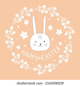Cute Easter bunny face in floral wreath with hand written Happy Easter text decorated with flowers. Holiday card banner in vintage style