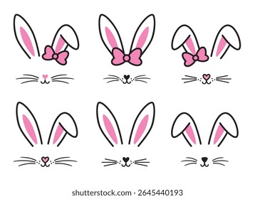 Cute Easter bunny faces and ears vector illustration set. Cute cartoon rabbit face drawing in minimal style.