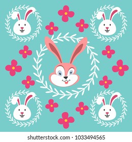 Cute easter bunny faces in white frames with bright pink flowers over blue background