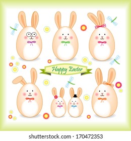 Cute easter bunny family in form of egg, as elements or as greeting card decorated with dragonflies and flowers