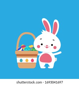 Cute easter bunny with a festive basket full with holiday eggs. Happy celebration concept