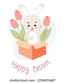 Conejo de Pascua en caja festiva con tulipanes florales. Afiche navideño Feliz Pascua. Ilustración vectorial en estilo plano con conejo de dibujos animados
