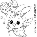 Cute Easter Bunny flies with balloons coloring page 
