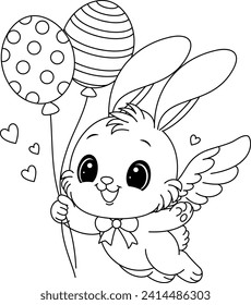 Cute Easter Bunny flies with balloons coloring page 