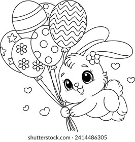 Cute Easter Bunny flies with balloons coloring page 