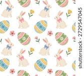 Cute Easter bunny and floral eggs seamless pattern. Spring vector background with rabbits on white