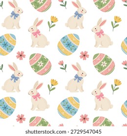 Cute Easter bunny and floral eggs seamless pattern. Spring vector background with rabbits on white