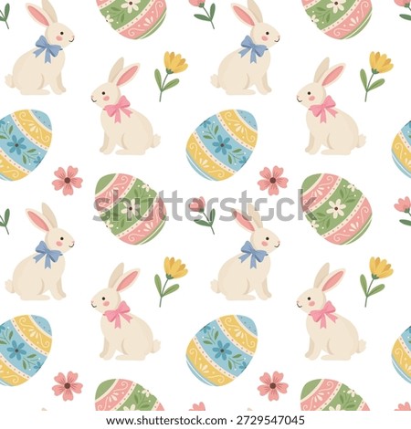 Cute Easter bunny and floral eggs seamless pattern. Spring vector background with rabbits on white