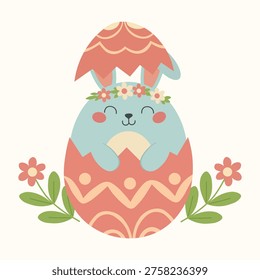 Cute Easter Bunny in Floral Eggshell with Spring Flowers