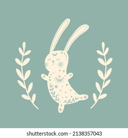 Cute Easter bunny in floral wreath with celestial ornament Holiday card banner in vintage style