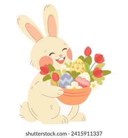 Cute Ostersonne mit Blumenkorb und Eiern. Vektorgrafik im Cartographie-Stil