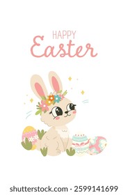 Cute Easter Bunny with Flower Crown and Eggs
