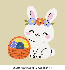 Cute Easter Bunny with Flower Crown and Egg Basket