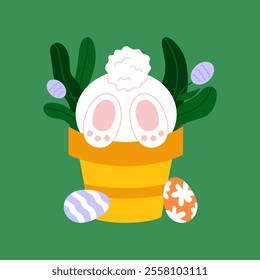 Cute Easter bunny in flower pot and eggs. Cute Rabbit cartoon character. Flat vector illustration isolated on green background.