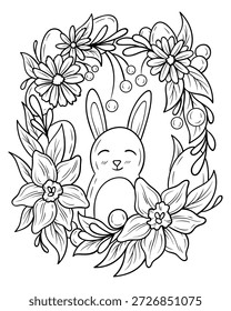 Bonito coelho de Páscoa em uma grinalda de flores coloração página, coelho sorridente senta-se entre as flores margaridas e narcisos, coelho de Páscoa desenhos animados preto e branco ilustração, desenho de linha festiva, primavera feriado animal linha arte