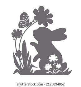 
Cute Easter Bunny with flowers and  butterfly. Happy Easter Card. Spring  design. Floral Rabbit silhouette. 