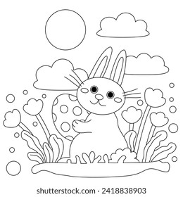 Cute Easter Bunny and flowers coloring page for kids