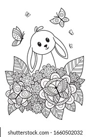 Cute easter bunny in flowers doodle coloring book page. Hand Drawn black and white sketch. Antistress coloring book page for adults. Stock vector illustration