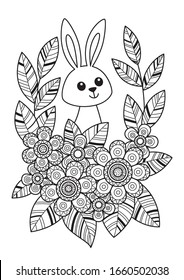 Hermoso conejito de Pascua en la página del libro coloreado con doodle. Dibujo en blanco y negro dibujado a mano. Página del libro de colorantes antiestrés para adultos. Ilustración vectorial de existencias