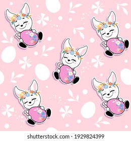 Cute easter bunny, flowers and easter eggs seamless pattern on a pink background. Greeting card. Vector illustration funny animals