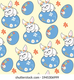 Cute easter bunny, flowers and easter eggs seamless pattern