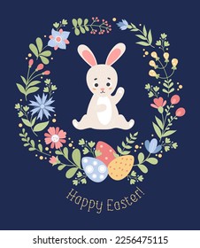 Cute Easter bunny with flowers and easter eggs. Holiday poster Happy Easter. Vector illustration in flat style with cartoon rabbit for greeting cards, design, decor and print