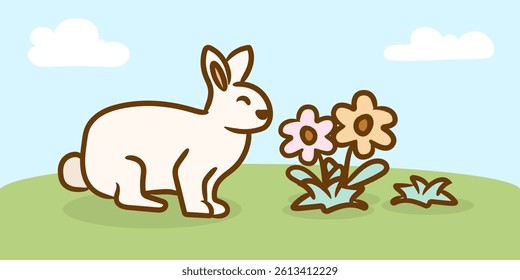 Cute Easter Bunny with flowers in Field