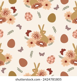 cute easter bunny in flowers garden and eggs hand drawn seamless pattern vector for invitation greeting birthday party celebration wedding card poster banner textiles wallpaper paper wrap background