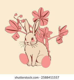 Cute Easter Bunny, flowers and herbs. Happy Easter Card. Spring design. Floral Rabbit silhouette.