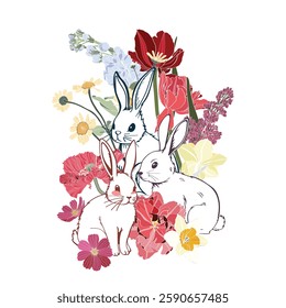 Cute Easter Bunny, flowers and herbs. Happy Easter Card. Spring design. Floral Rabbit silhouette.