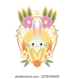 Cute Easter bunny with flowers. Vector illustration.