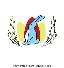 Cute Easter Bunny framed by willow branches against the background of colorful holiday eggs