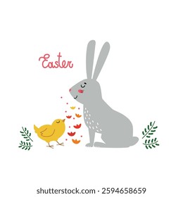 Cute Easter bunny and funny chicken with flowers spring. Happy rabbit, little chick,  cartoon character, hand drawn vector illustration, lettering, isolated. Flat design. Idea for cards or poster. 