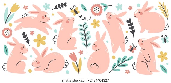 Lindo conejito de Pascua, divertidos personajes de acuarela de conejo saltando, sentándose, jugando rodeado de hojas de plantas y flores florecientes ilustración vectorial. Conjunto de animales de liebre pequeña para diseño de tarjetas de felicitación