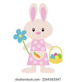 Cute Easter bunny girl with basket vector cartoon illustration