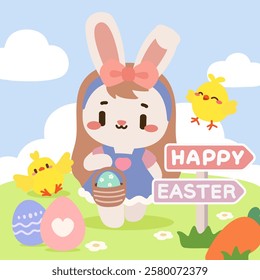 Cute Easter Bunny Girl with Basket and Happy Chicks. Adorable Bunny Collecting Easter Eggs in Spring Field. Happy Easter Illustration with Bunny, Chicks, and Colorful Eggs.