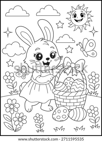 Cute Easter Bunny Girl Coloring Page for Kids with Basket of Eggs, Flowers and Butterfly. Kawaii Spring Printable. Fun Holiday Coloring Sheet for Children.