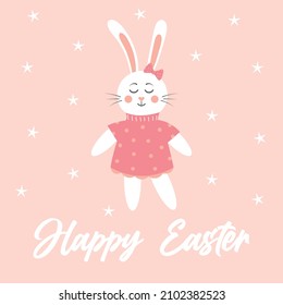 Cute Easter bunny girl in dress and bow. Scandinavian happy baby rabbit with stars. Happy Easter postcard. Vector illustration.