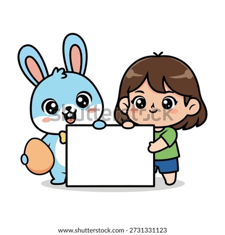 Cute Easter Bunny and Girl Holding Blank Sign Board Cartoon Vector