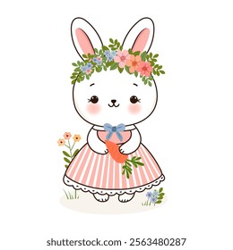 Cute Easter bunny girl in a wreath of flowers with carrots. A rabbit hand-drawn isolated on a white background. Vector illustration.