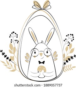 Cute Easter bunny in glasses, in a linear Scandinavian style, holding an Easter cake, idea for greeting cards, labels, packaging, banners. Vector stock illustration