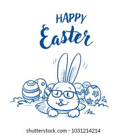 Cute  Easter Bunny With Glasses Looking Out Of His Rabbit Hole, With Easter Eggs And Typography For Easter Greeting Cards. Hand Drawn Cartoon Sketch Vector Illustration, Marker Style Coloring. 