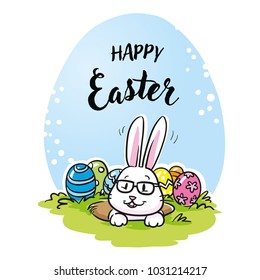 Cute  Easter Bunny With Glasses Looking Out Of His Rabbit Hole, With Easter Eggs And Typography For Easter Greeting Cards. Hand Drawn Cartoon Sketch Vector Illustration, Marker Style Coloring. 