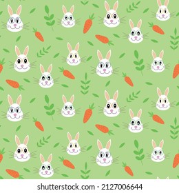 Cute easter bunny with glasses  seamless pattern with carrots and leaves on green background. Great for easter greeting cards, gift wrapping paper  and kids textile 