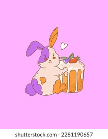 Cute Easter bunny with glazed cake. Illustration for the decoration of the spring holiday Easter. Religious symbol of the rebirth of life after death. Vector illustration. The elements are isolated.