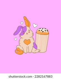 Cute Easter bunny with glazed cake. Illustration for the decoration of the spring holiday Easter. Religious symbol of the rebirth of life after death. Vector illustration.